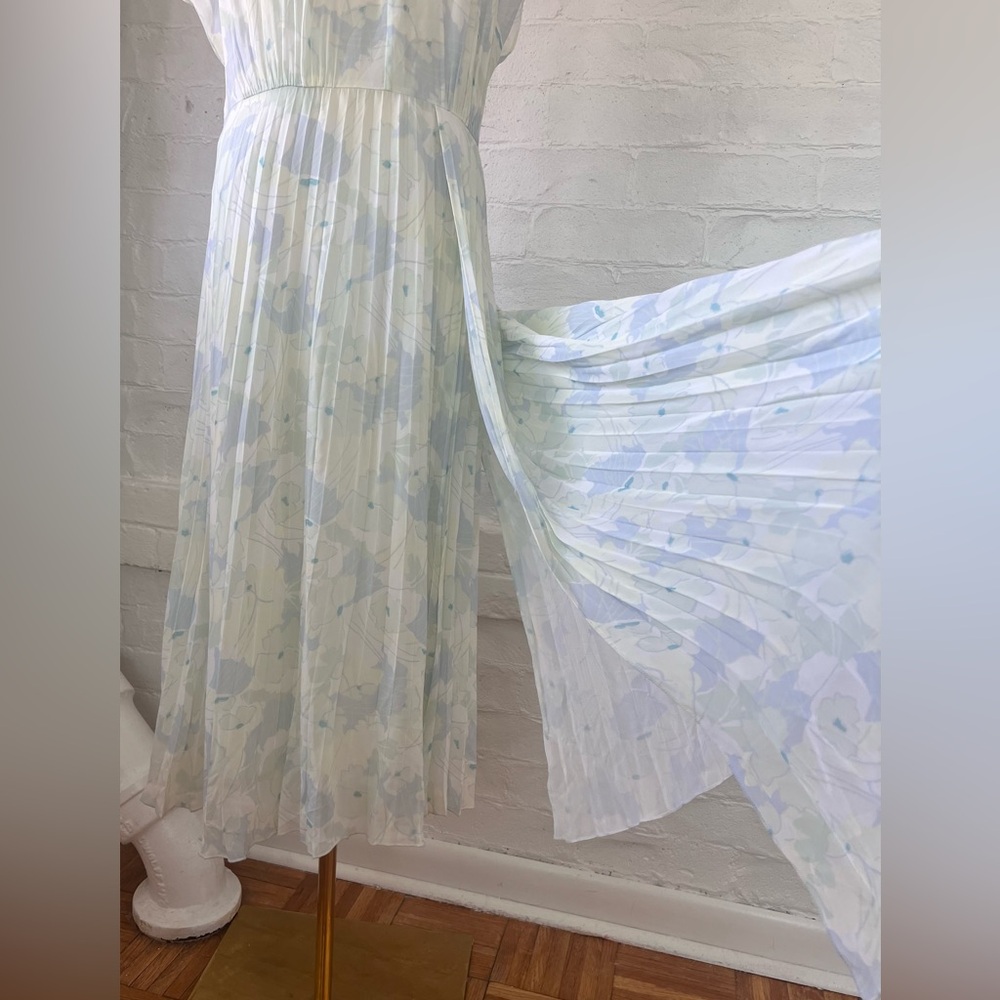 Lewit Chiffon Pastel Floral Midi Dress Pleated Skirt Cap Sleeve - Picture 8 of 17